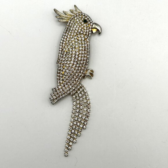 Rhinestone Parrot Cockatoo Brooch Bird Pin Statement Tassel Tail 5in - Picture 1 of 10